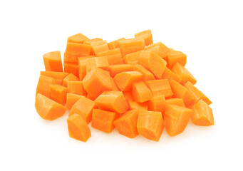 A vibrant mound of freshly diced, bright orange carrot cubes, cut for cooking and isolated against a crisp white background.