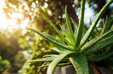 Obraz premium Vibrant aloe vera plant glistening with morning dew bathed in warm golden sunlight, a symbol of natural healing and wellness