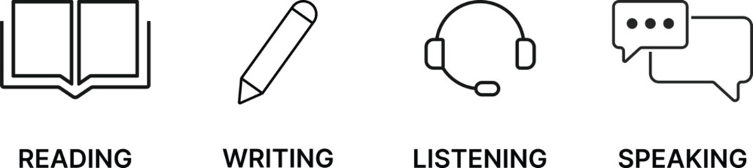 Language skill icon set. Reading, Writing, Listening, Speaking icons. Language Status sign