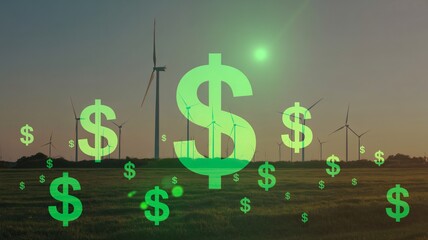 Invest in green energy for a sustainable future, wind turbines generating clean power with dollar signs symbolizing economic growth and financial returns