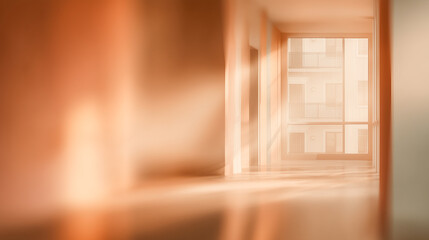 Empty open space,  apartment or office without furniture. Motion blur, warm tones, abstract defocused background. Concept image of modern interior design..