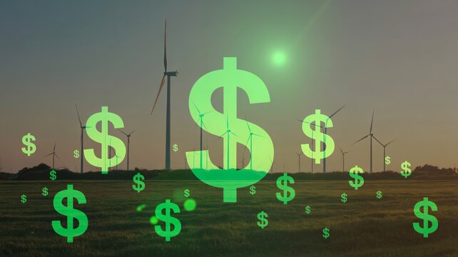 Invest in green energy for a sustainable future, wind turbines generating clean power with dollar signs symbolizing economic growth and financial returns