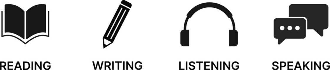 Reading, Writing, Listening, Speaking Language Skill icon Set. Language Learning symbols. Speaking & Listening, Reading & Writing Skill Status Icons