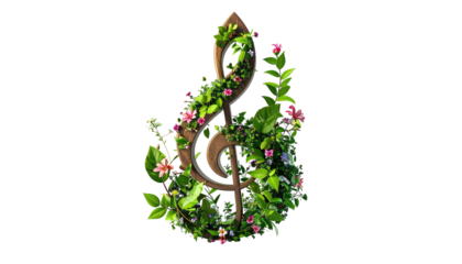 Wooden treble clef entwined with vibrant green foliage and delicate pink blossoms