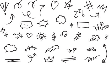 Collection of hand drawn doodle icons and symbols on a white background