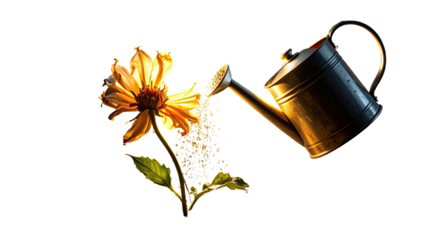 A gleaming watering can pours shimmering water onto a blooming yellow flower with green leaves