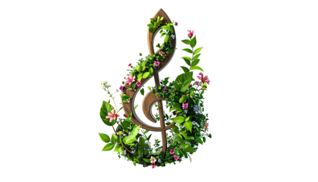 Wooden treble clef entwined with vibrant green foliage and delicate pink blossoms - Powered by Adobe
