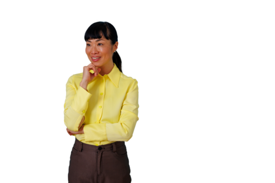 Asian businesswoman thinking, smiling, planning, finding solutions, making decisions, on transparent background - Powered by Adobe