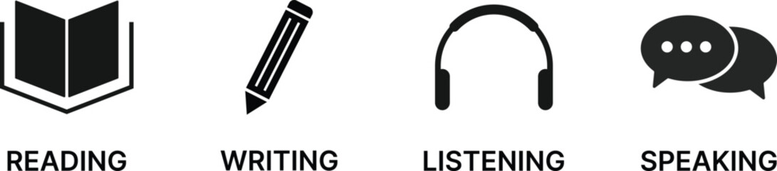 Reading, Writing, Listening, Speaking Language Skill icon Set. Language Learning symbols. Speaking & Listening, Reading & Writing Skill Status Icons