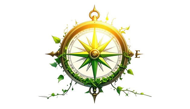 A detailed golden compass encased in green foliage, oriented to the North