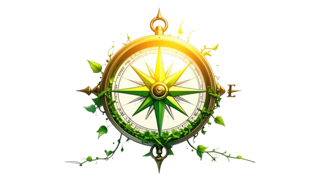 A detailed golden compass encased in green foliage, oriented to the North