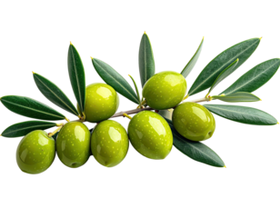 Close-up of olive branch with green olives and lush, dark leaves against a black background
