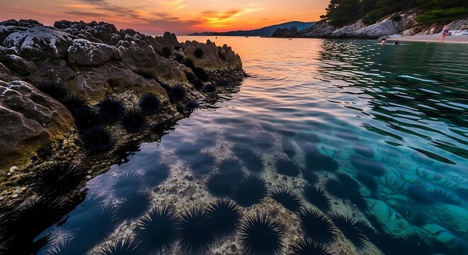 Sunset over Adriatic Sea with rocky shore and crystal clear water.