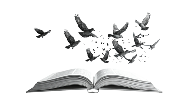 Black and white image depicts birds taking flight from an open book - Powered by Adobe