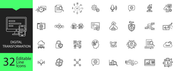 Digital transformation line icon set. 35 editable outline symbols for IoT, cloud computing, SaaS, big data, cybersecurity, and AI technology.