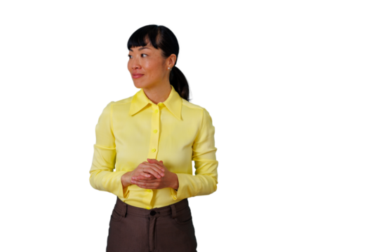 Asian businesswoman looking away, smiling confidently with hands clasped, posing on transparent background - Powered by Adobe
