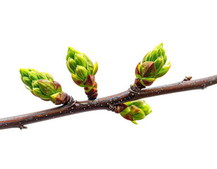 Close-up of branch with vibrant green buds, isolated on a stark black background