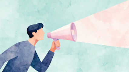 Man with Megaphone Making Announcement - Watercolor Illustration