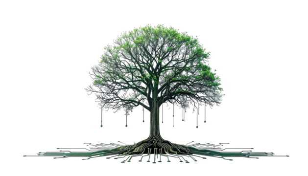 Large tree with exposed roots and lush green foliage, set against a stark black background