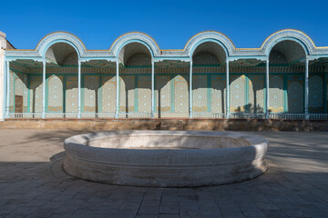 Sitorai Mokhi Khosa Palace, the country residence of the Emir of Bukhara and the courtyard with a fountain on a sunny day, Bukhara, Uzbekistan