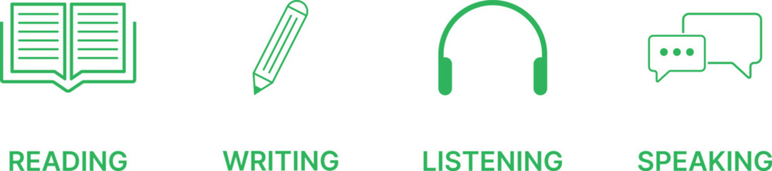 Reading, Writing, Listening, Speaking Language Skill icon Set. Language Learning symbols. Speaking & Listening, Reading & Writing Skill Status Icons