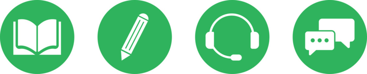 Reading, Writing, Listening, Speaking Language Skill icon Set. Language Learning symbols. Speaking & Listening, Reading & Writing Skill Status Icons