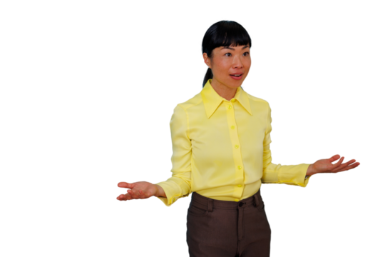 Asian executive woman explaining and gesturing with open hands, presenting information with a transparent background