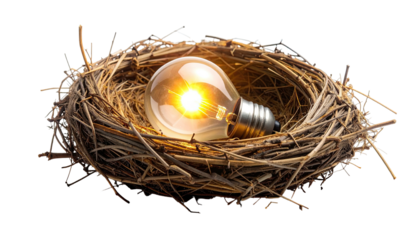 A luminous lightbulb nestled within a twig nest against a dark background, concept illustration