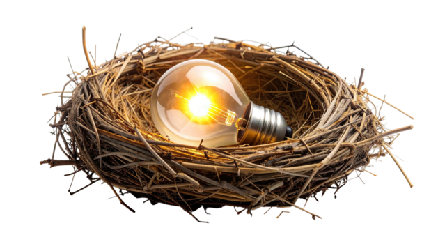 A luminous lightbulb nestled within a twig nest against a dark background, concept illustration