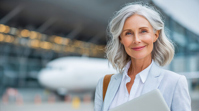 Senior businesswoman with laptop at airport. Portrait of older woman outside departure hall. Blurred aircraft in background. Travel and business concept.	