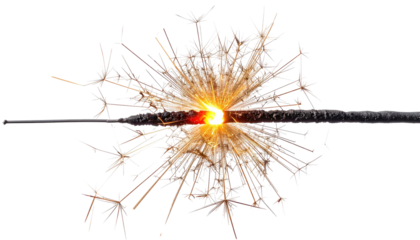 Close-up of a lit sparkler, showing the glowing tip and radiating sparks against black