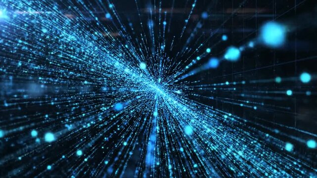 Abstract blue backdrop of digital points with cascading cyber particles, illustrating a flowing big-data stream in a detailed 3D rendering ideal for futuristic technology and information-network theme