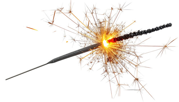 Glowing celebratory sparkler, burning with radiant golden and red light, isolated on black background
