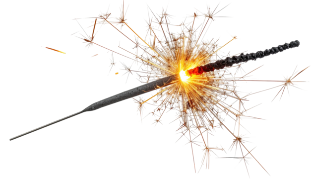 Glowing celebratory sparkler, burning with radiant golden and red light, isolated on black background