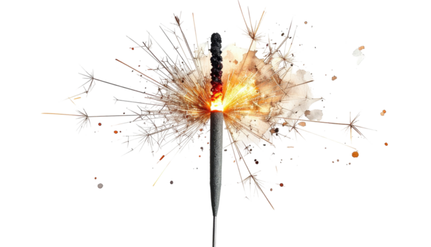 Close-up of a lit sparkler burning brightly against a completely black background
