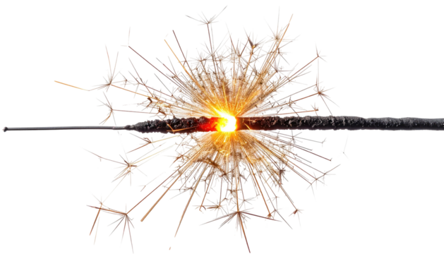 Close-up of a lit sparkler, showing the glowing tip and radiating sparks against black