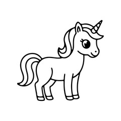 Cute unicorn drawing for children with a vibrant mane and playful expression in a simple outline style