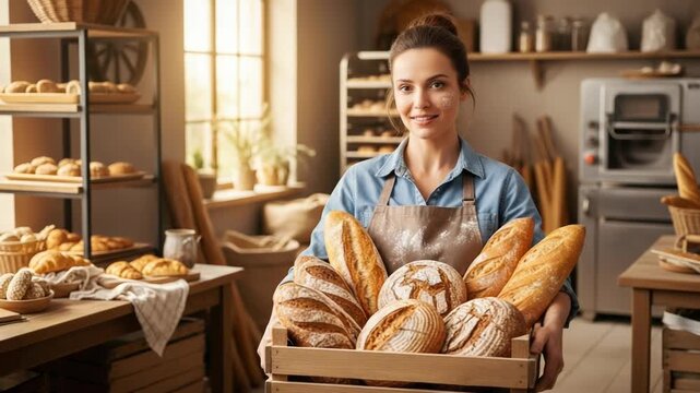 Baker proudly holding a crate of fresh artisan bread