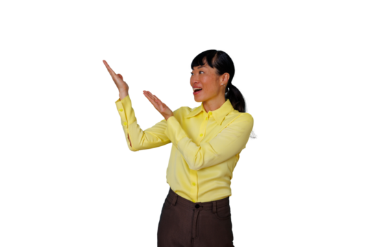 Asian woman presenting product or service with excited facial expression, hands gesturing to copy space, transparent background