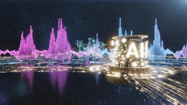 Cyber big-data stream with blockchain information fields and interconnected network lines, illustrating futuristic AI technology flow, digital analytics, and advanced virtual infrastructure concepts