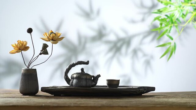Traditional Tea Set with Lotus Flowers and Bamboo Leaf Arrangement on Wooden Table