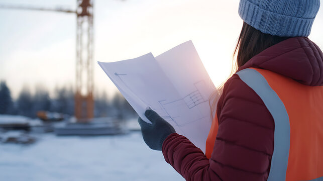 A construction worker reviews blueprints on a snowy construction site with a crane in the background. The worker is wearing a reflective vest, jacket, and hat, looking professional.