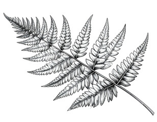 Intricate grayscale illustration of a fern frond with detailed texture against a solid black backdrop