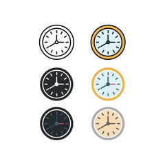 Clock icon set in line, flat, and color line styles representing time, schedule, deadline, and planning. Ideal for apps, reminders, productivity tools, business timelines, and time-management projects