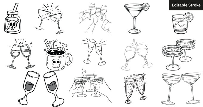 Set of 15 hand-drawn drink and cocktail icons. Doodle party, cheers, and beverage vector illustration.