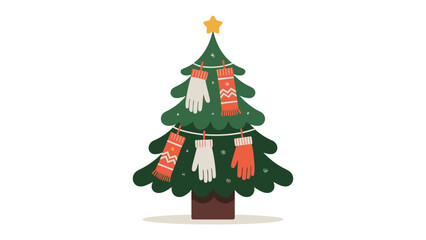 Festive Tree Adornments: A charming illustration captures the holiday spirit, with a decorated christmas tree and hanging mittens, representing warmth and winter.
