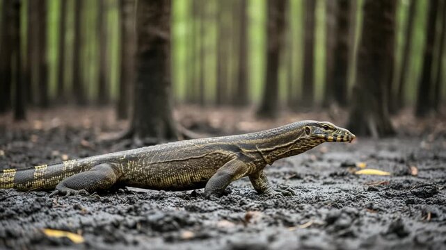 A monitor lizard walking on muddy ground in a forest