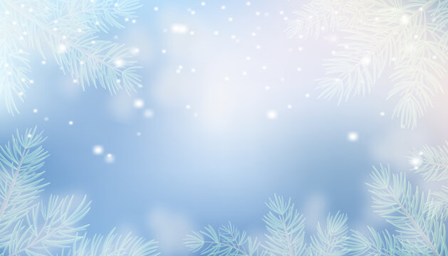 A blue winter sky with falling fluffy snowflakes and fir tree branches. A deblurred Christmas vector background with soft light effects for holiday wallpapers, posters, banners, and greeting cards.