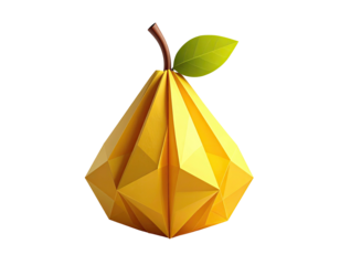A geometric, bright yellow origami pear with a brown stem and a single green leaf