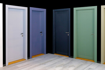 Colorful closed modern doors inside corridor interior